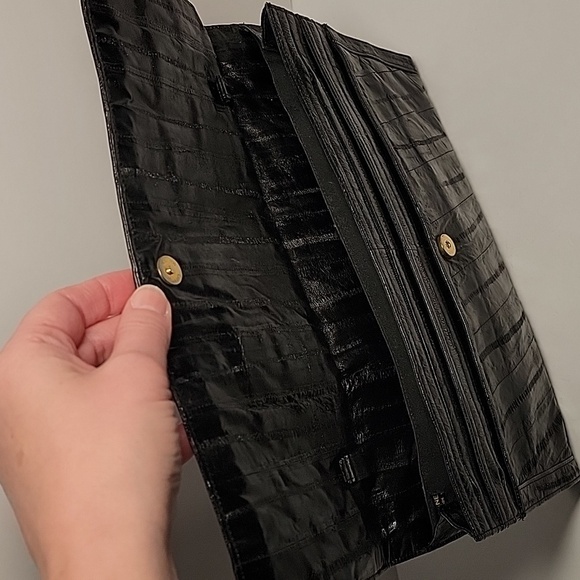 Vintage Eel Skin Leather Clutch Purse Black Fold Over Soft Pockets Handbag - Picture 4 of 16